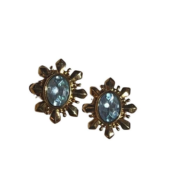 Vintage Avon Gold Tone Starburst Blue Rhinestone Clip On Earrings - Picture 1 of 11
